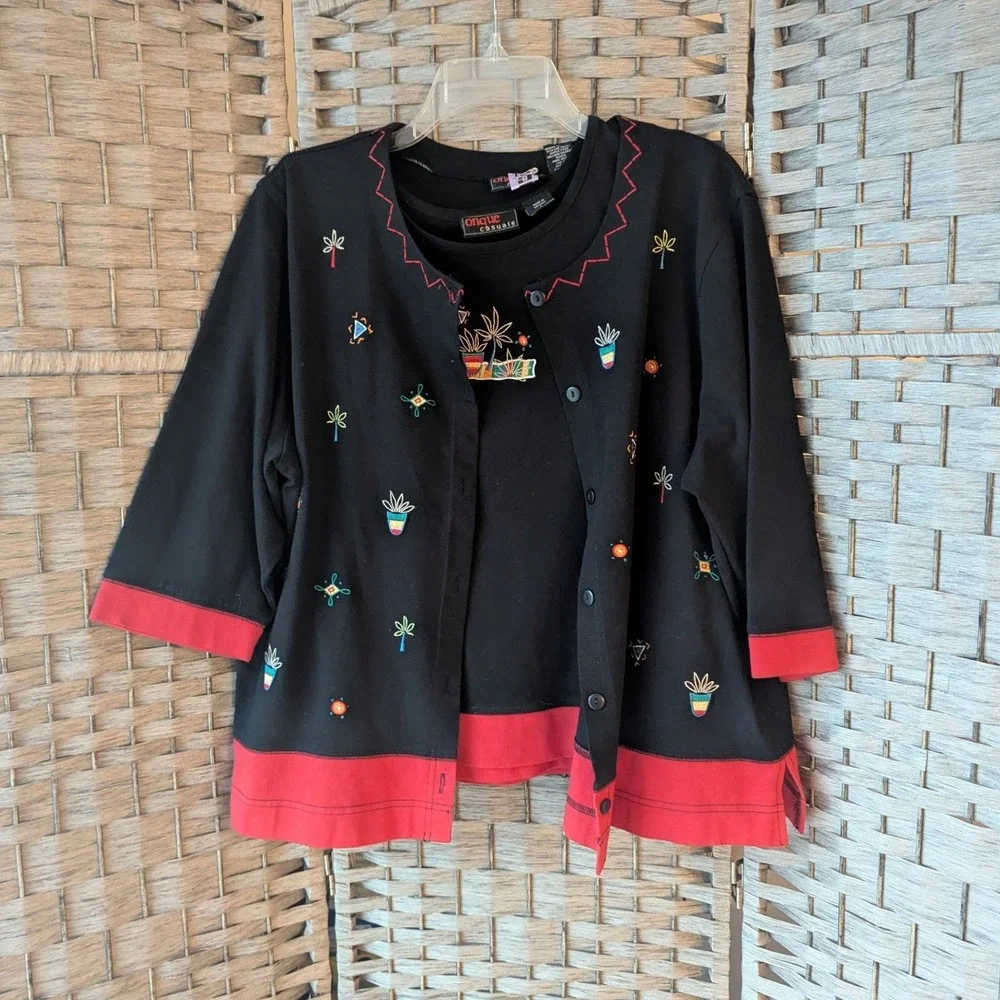 Vtg 90s Cardigan Tank Twin Set Black Red Embroidered Tropical Plant Lady Sz L